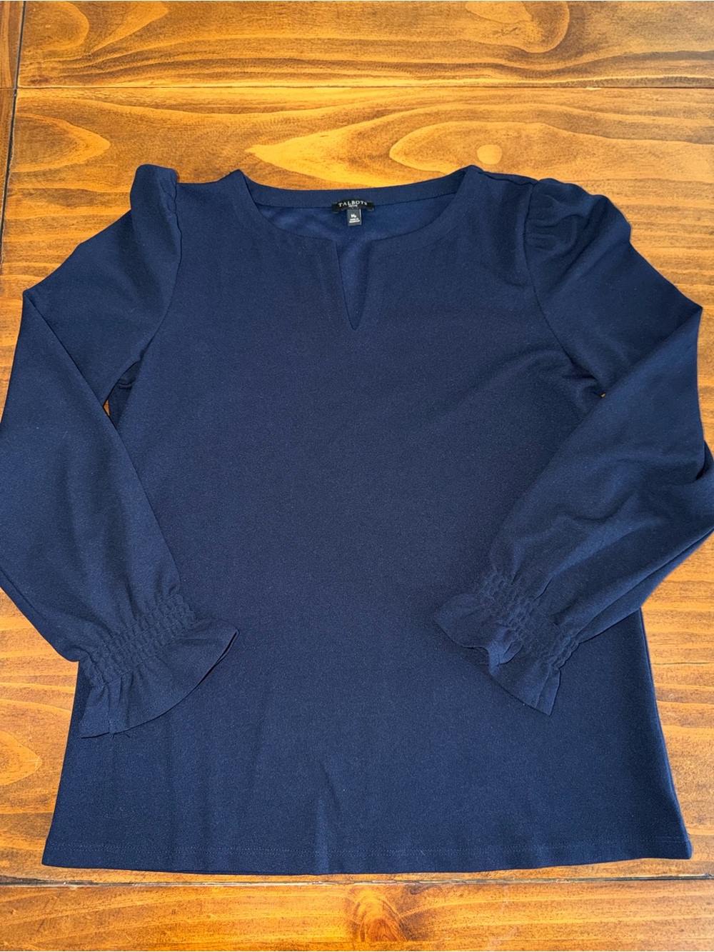 Talbots Petite Womens MP Navy Blue Blouse Puff Sleeve Ruffle Cuff Split Neck Top